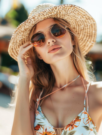 A woman enjoys a sunny day outdoors wearing a floral summer outfit and sunglasses, exuding relaxation and style amid a vibrant summer setting.の素材