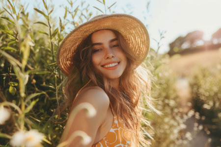 A woman smiles brightly while dressed in a summer outfit adorned with a straw hat, surrounded by lush greenery on a sunny day.の素材