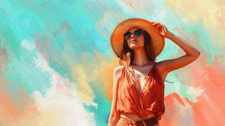 A woman in a summer outfit enjoys a sunny day, wearing a hat and sunglasses, against a vibrant, abstract backdrop of colors.の素材