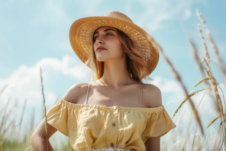 A woman in a yellow summer outfit and straw hat stands confidently in a grassy field, basking in the warmth of a sunny day under a blue sky.の素材