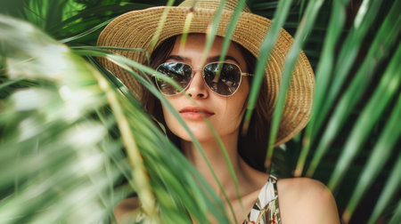 A woman enjoys a sunny day, wearing a stylish summer outfit and sunglasses, while surrounded by vibrant green foliage.の素材