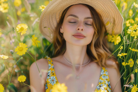 A woman relaxes with her eyes closed, wearing a yellow summer outfit and a wide-brimmed straw hat, immersed in a field of vibrant wildflowers.の素材