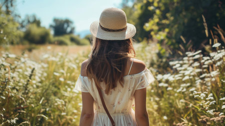 A woman wearing a summer outfit walks through a meadow filled with wildflowers, basking in the warm sunlight and enjoying a leisurely moment in nature.の素材