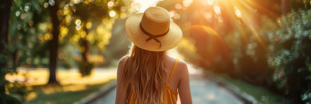 A woman enjoys a leisurely walk along a tree-lined path, basking in the warm sunlight while wearing a light summer outfit and a wide-brimmed hat.の素材