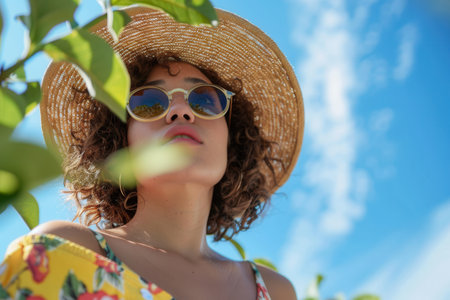 A woman wearing a vibrant summer outfit and straw hat gazes upward, surrounded by lush greenery against a bright blue sky.の素材