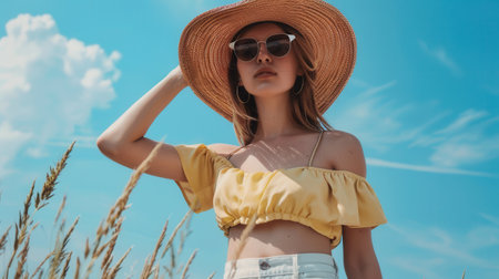 A woman poses in a trendy summer outfit, showcasing confidence and style under a bright blue sky filled with fluffy clouds.の素材