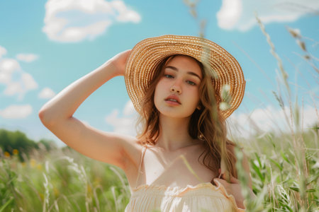 A young woman in a summer dress poses amid tall grass, basking in the warmth of the sun under a bright blue sky with fluffy clouds.の素材