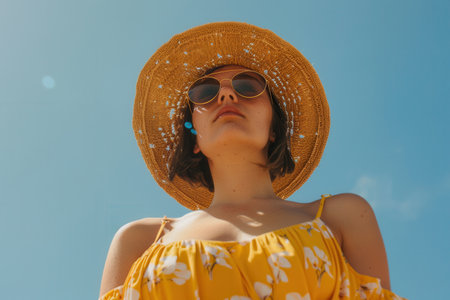A woman stands confidently under a clear blue sky, wearing a vibrant summer dress, sunglasses, and a stylish straw hat, embracing the warmth of the day.の素材