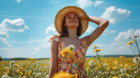 A woman in a vibrant summer dress smiles blissfully while standing among blooming wildflowers under a bright blue sky.の素材
