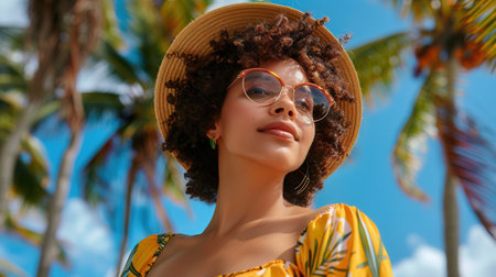 A woman in a cheerful summer outfit poses under the bright sun amidst lush palm trees, radiating joy and warmth in a tropical setting.の素材