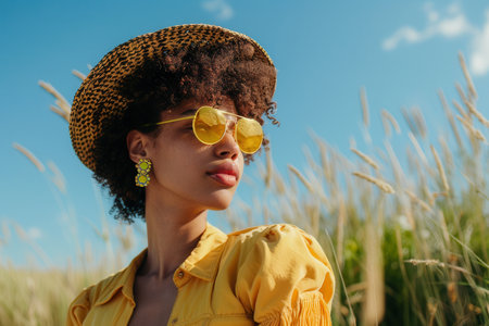 The woman poses confidently in a vibrant summer outfit, basking in the sun while standing in a grassy field under a clear blue sky.の素材