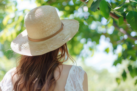 A woman enjoys the warm weather, dressed in a breezy summer outfit, while relaxing under the shade of lush green trees.の素材