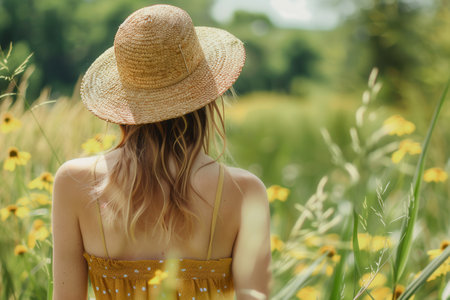 A woman in a light summer dress enjoys a beautiful day, surrounded by vibrant wildflowers in a sunlit field, radiating warmth and joy.の素材