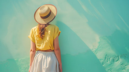 A woman in a yellow top and white skirt leans against a vibrant turquoise wall, soaking up the warmth of a sunny coastal day.の素材