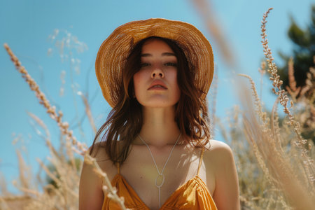 A woman in a vibrant summer outfit stands among golden grasses, enjoying a sunny day under a clear blue sky, reflecting a relaxed summer vibe.の素材