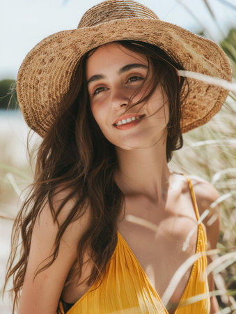A woman smiles radiantly while wearing a bright summer outfit and a straw hat, enjoying the warm sunlight by a serene lakeside.の素材