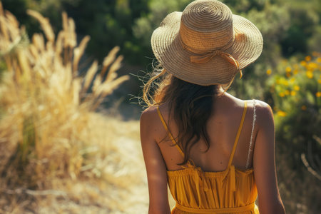 A woman strolls through a sunny meadow, wearing a yellow summer dress and a straw hat, embracing the warmth of a beautiful day outdoors.の素材