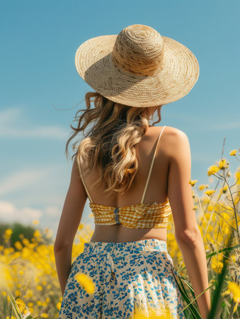 A woman in a summer outfit admires the sunny landscape while standing in a vibrant field of yellow wildflowers on a beautiful day.の素材
