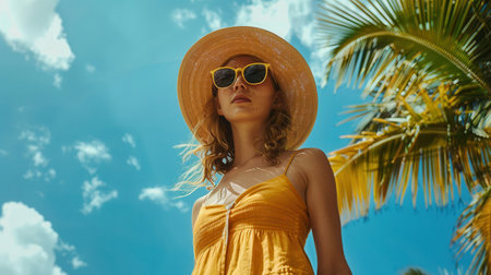 A woman in a yellow summer dress stands under a bright sky, wearing sunglasses and a straw hat while enjoying the warm weather.の素材