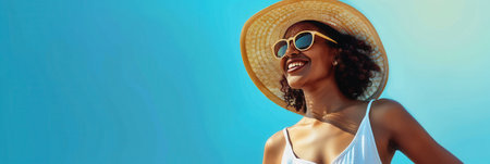A woman with curly hair smiles brightly, wearing a summer outfit and sunglasses, enjoying a sunny day under a clear blue sky.の素材