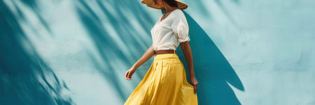 A woman in a light summer outfit strolls confidently by a colorful blue wall, showing her style under the warm sun.の素材
