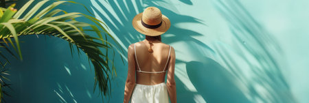 A woman enjoys the warm sunshine, wearing a light summer outfit while standing in front of a colorful tropical wall.の素材
