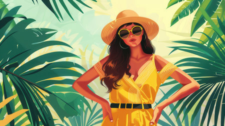 A woman stands confidently in a yellow summer outfit, surrounded by lush tropical foliage under bright sunlight.の素材