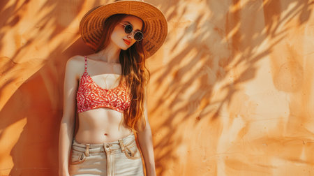 A woman stands confidently in a summer outfit, soaking in the warm sun by an orange wall, radiating joy and style during a sunny day.の素材