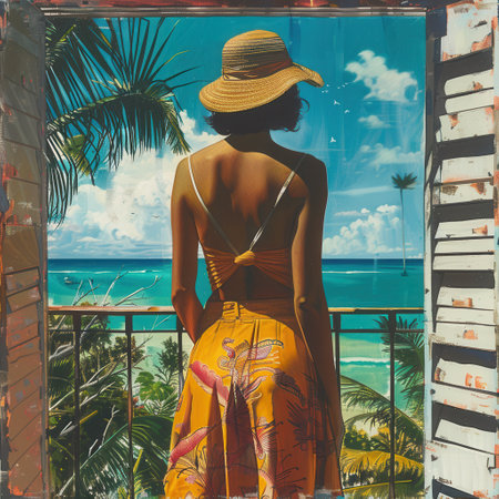 A woman in a vibrant summer outfit stands on a balcony, gazing at the stunning ocean view and bright blue sky filled with fluffy clouds.の素材