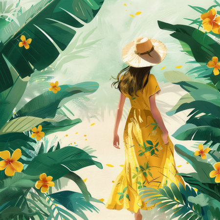 A woman dressed in a cheerful yellow summer outfit strolls along a tropical pathway, enveloped by lush leaves and blooming flowers as she enjoys the warm weather.の素材