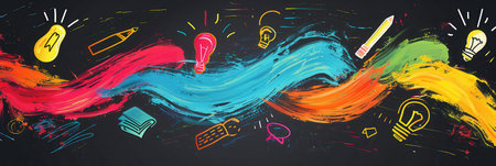 A vibrant chalkboard adorned with artistic brush strokes and detailed drawings of educational tools and lightbulbs enhances the classroom atmosphere.の素材