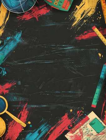 The chalkboard features vibrant brush strokes and intricate illustrations of educational items like globes, rulers, and calculators.の素材