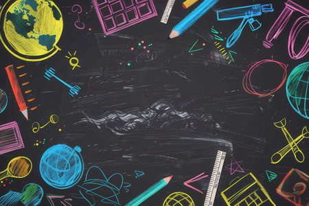 A vibrant chalkboard displays colorful brush strokes and detailed drawings of globes, rulers, calculators, and other educational items.の素材