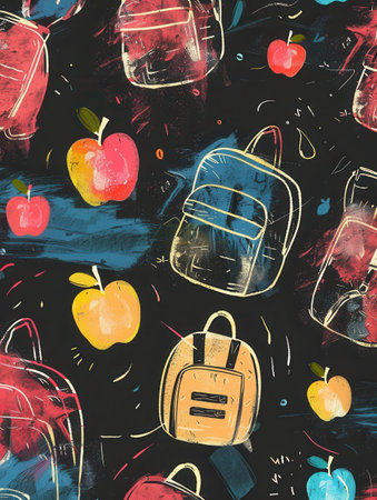 A vibrant chalkboard is adorned with artistic strokes and illustrations of classroom essentials like globes, rulers, calculators, and lightbulbs.の素材