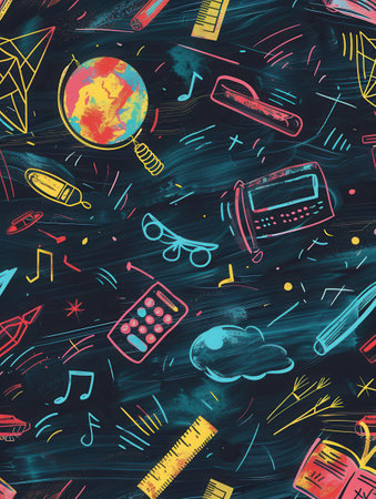 A vibrant chalkboard features brush strokes and drawings of globes, rulers, calculators, pencils, and lightbulbs in a playful educational setting.の素材