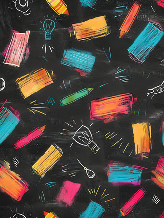 The chalkboard features vivid brush strokes and detailed drawings of classroom items like globes, rulers, calculators, and lightbulbs, creating an inviting atmosphere.の素材