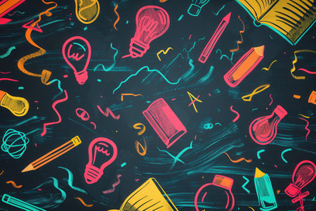 A chalkboard adorned with vibrant brush strokes and detailed drawings of globes, rulers, pencils, lightbulbs, and calculators, enhancing a creative classroom atmosphere.の素材