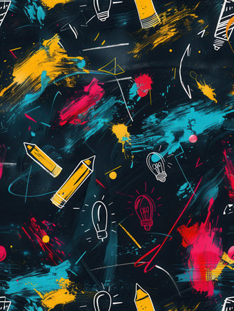 A chalkboard showcases colorful artistic brush strokes alongside small drawings of classroom items, inspiring creativity in an educational setting.の素材