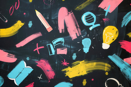 A chalkboard displays vibrant brush strokes and intricate illustrations of classroom supplies, enhancing the learning atmosphere.の素材