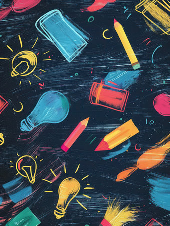 A chalkboard is lively with colorful brush strokes and detailed hand-drawn images of school supplies, enhancing the classroom's vibrant atmosphere.の素材