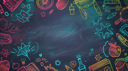 A vibrant chalkboard showcases colorful brush strokes and detailed drawings of educational tools in an engaging classroom environment.の素材