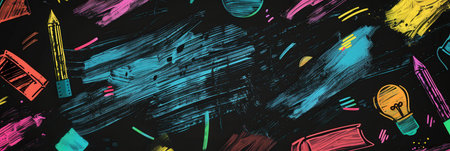 A vibrant chalkboard features colorful brush strokes and detailed depictions of educational items, enhancing creativity in a classroom setting.の素材