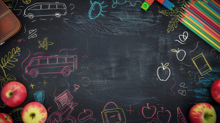 A chalkboard showcases vibrant brush strokes and illustrations of globes, rulers, calculators, pencils, and lightbulbs, creating an inviting learning atmosphere.の素材