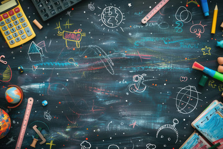 A chalkboard adorned with colorful brush strokes and detailed drawings of globes, rulers, calculators, pencils, and lightbulbs enhances a dynamic classroom atmosphere.の素材