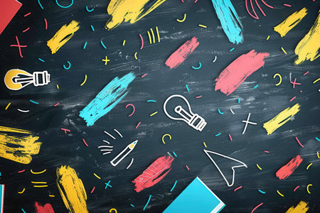 A chalkboard adorned with vibrant brush strokes and detailed drawings of classroom essentials, creating an inviting atmosphere for students.の素材