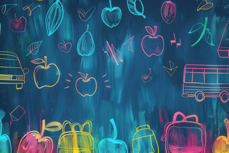 A vibrant chalkboard adorned with colorful illustrations of classroom items, creating an inviting atmosphere for learning and creativity.の素材