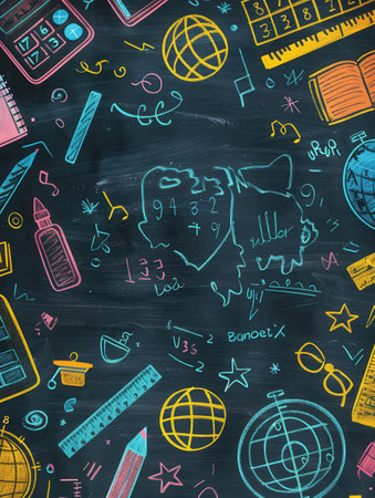 A vibrant chalkboard displays artistic brush strokes and detailed drawings of classroom tools, enhancing the learning space's creativity and engagement.の素材