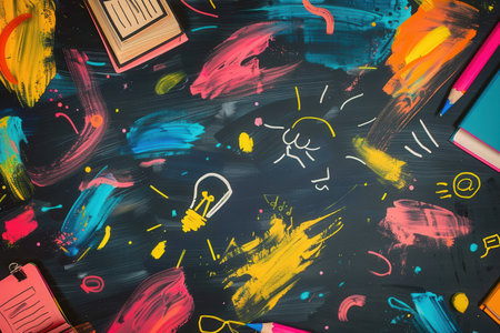 A chalkboard displays vibrant brush strokes and detailed drawings of educational items, enhancing the atmosphere of an engaging classroom environment.の素材