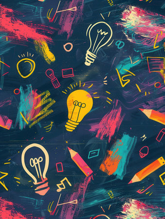 A chalkboard filled with vibrant brush strokes and intricate drawings of educational items like globes, rulers, calculators, and lightbulbs.の素材