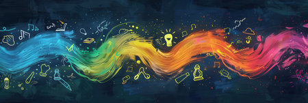 A chalkboard displays colorful brush strokes and detailed drawings of globes, rulers, calculators, pencils, and lightbulbs, creating a lively classroom atmosphere.の素材